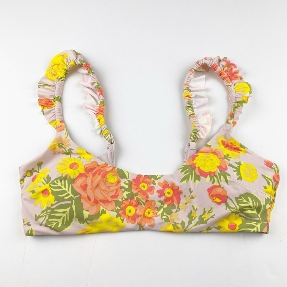 Aerie Printed Pastel Floral Ruffle Scoop Neckline Bikini Top Size M NWOT - Picture 3 of 5